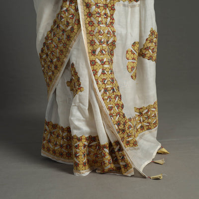 Brown - Barmer Applique Work Chanderi Silk Saree with Tassels