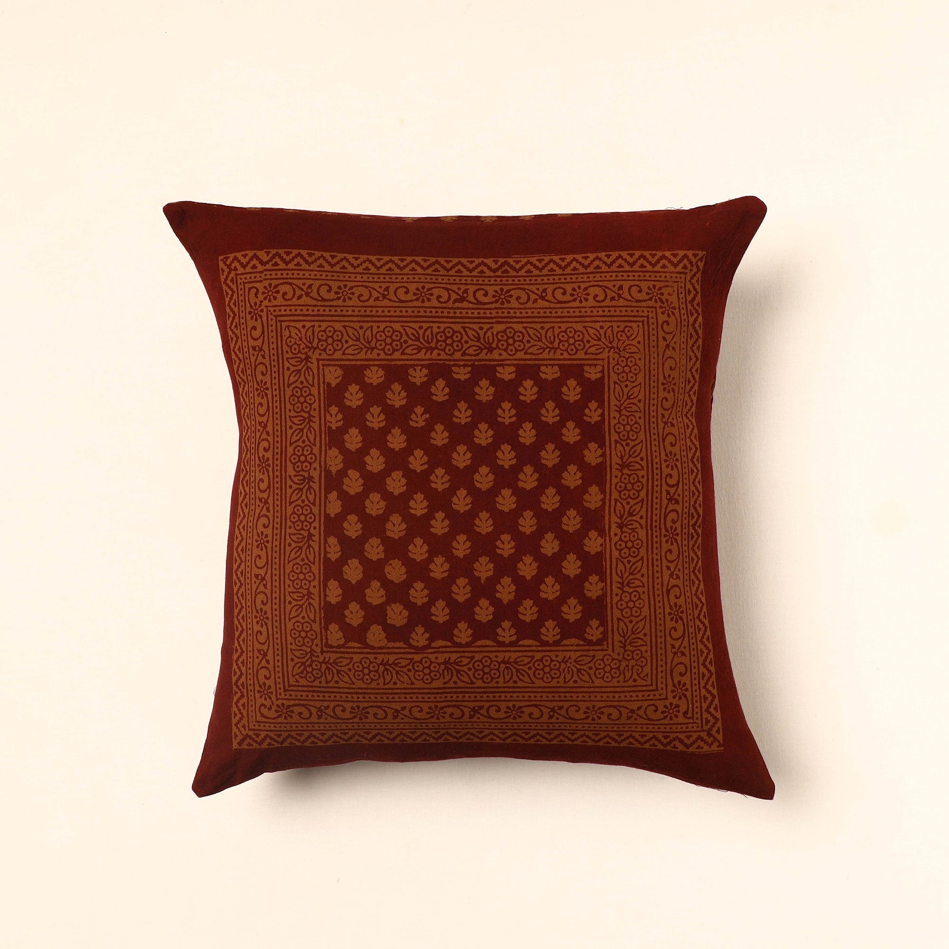 Brown - Bagh Block Printed Cotton Cushion Cover (16 x 16 in) 02