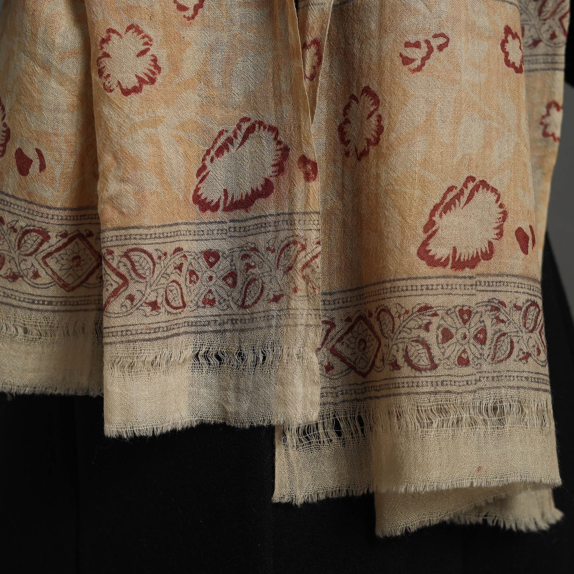 Beige - Block Print Pedana Kalamkari Wool Stole 24
