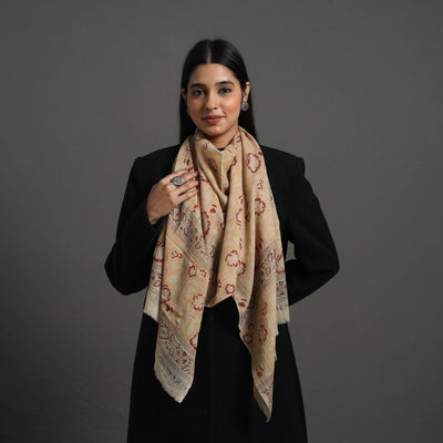 Beige - Block Print Pedana Kalamkari Wool Stole 24