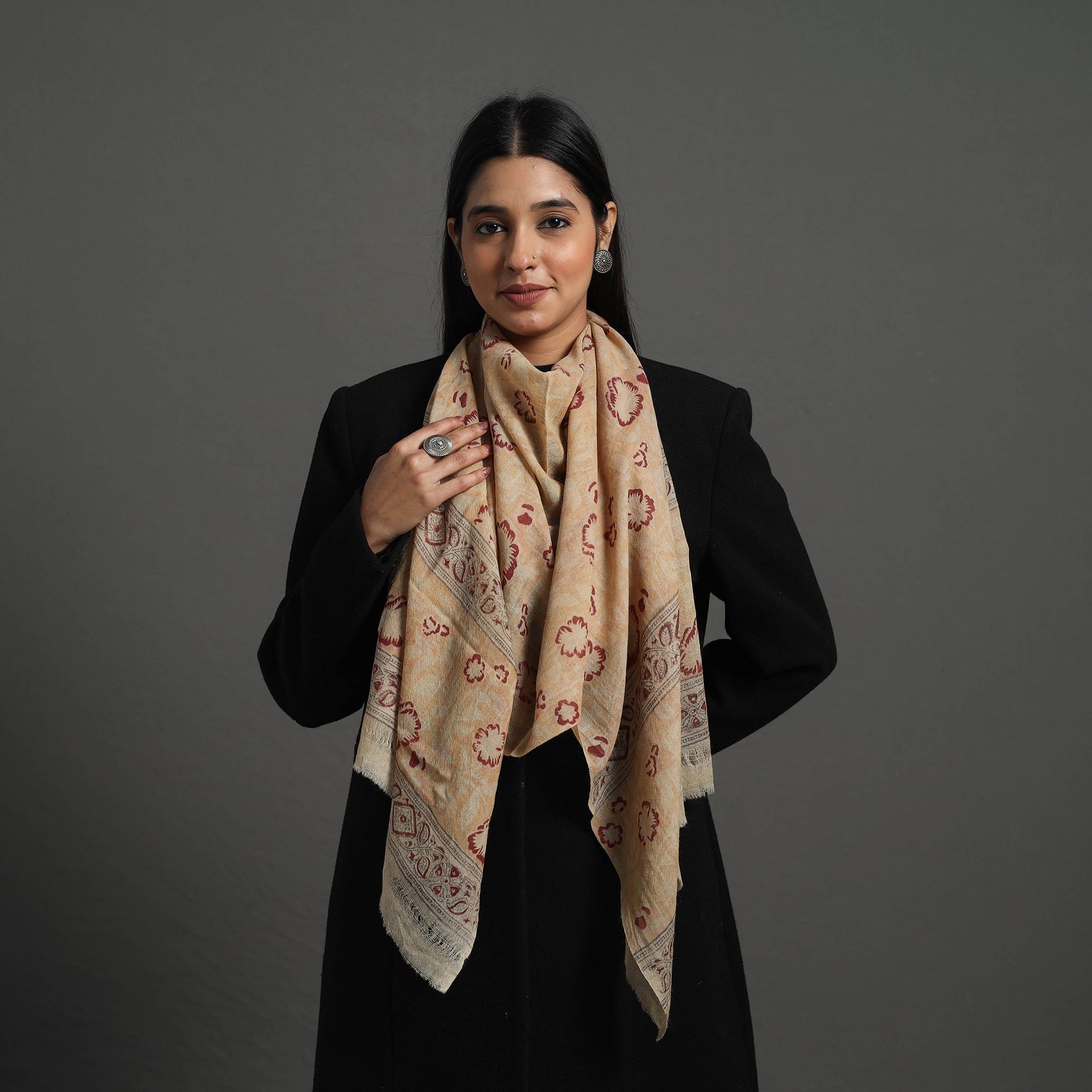 Beige - Block Print Pedana Kalamkari Wool Stole 24