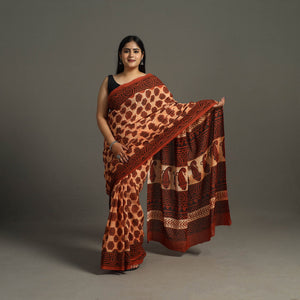 Brown - Bagru Ajrakh Block Printed Mul Cotton Saree