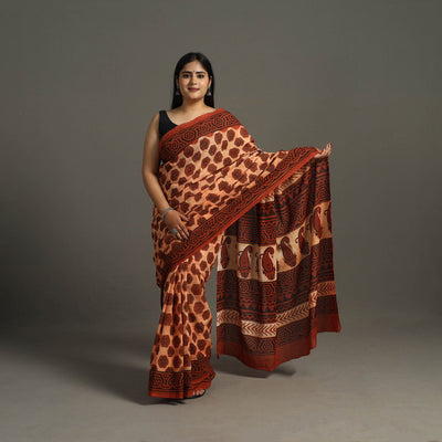 Brown - Bagru Ajrakh Block Printed Mul Cotton Saree
