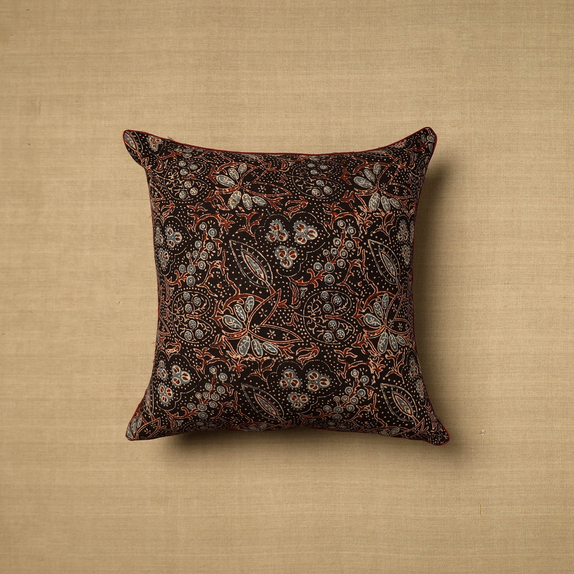 Black - Block Print Cotton Kalamkari Cushion Cover (16 x 16 in) 17