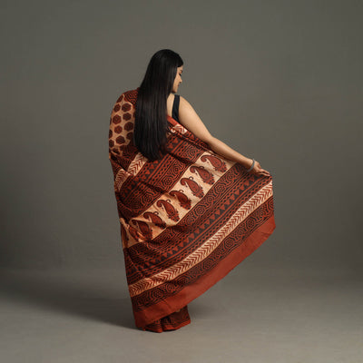 Brown - Bagru Ajrakh Block Printed Mul Cotton Saree