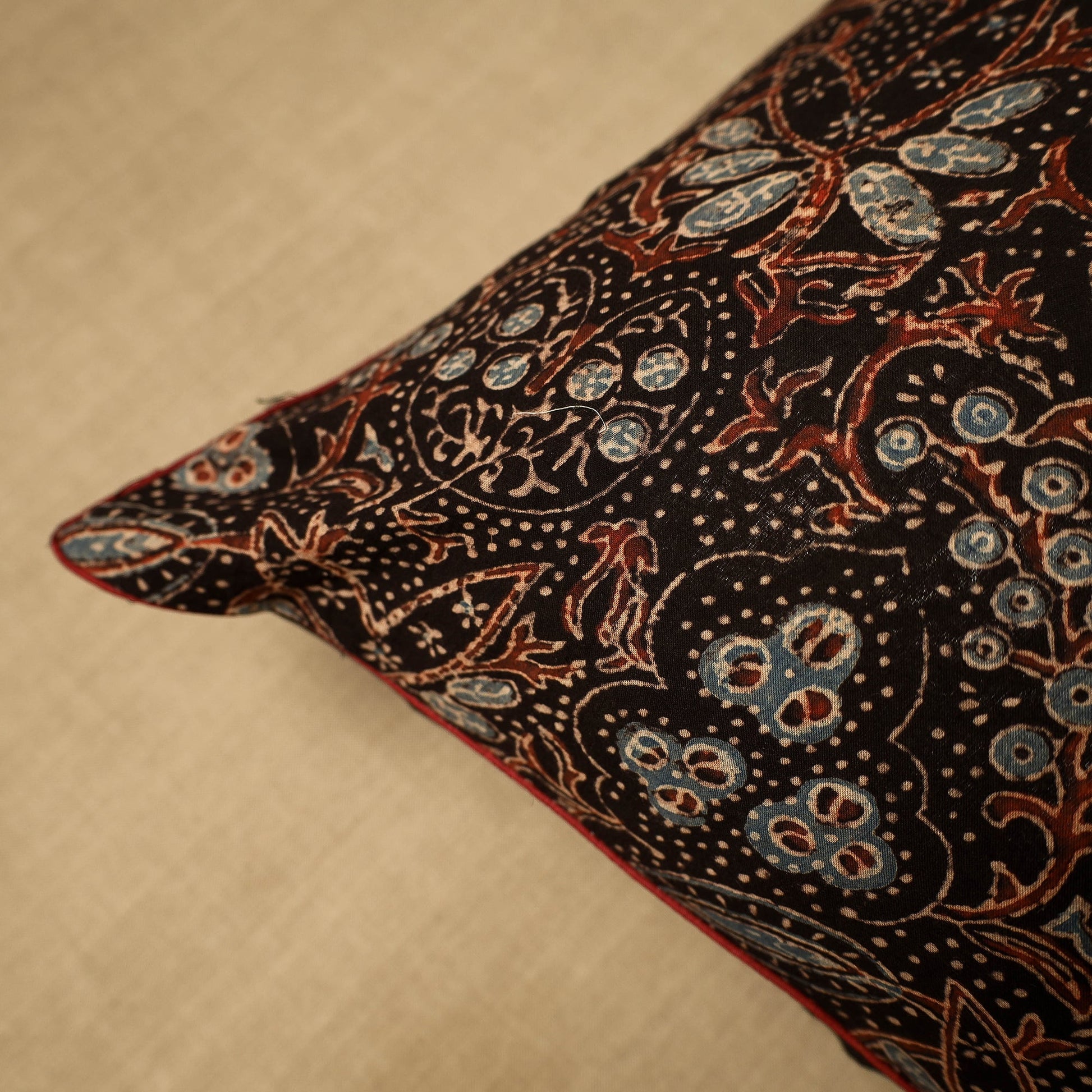 Black - Block Print Cotton Kalamkari Cushion Cover (16 x 16 in) 17