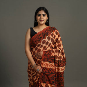 Brown - Bagru Ajrakh Block Printed Mul Cotton Saree