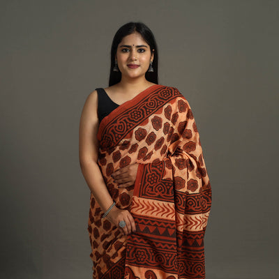 Brown - Bagru Ajrakh Block Printed Mul Cotton Saree