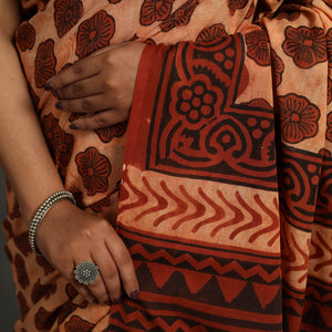 Brown - Bagru Ajrakh Block Printed Mul Cotton Saree