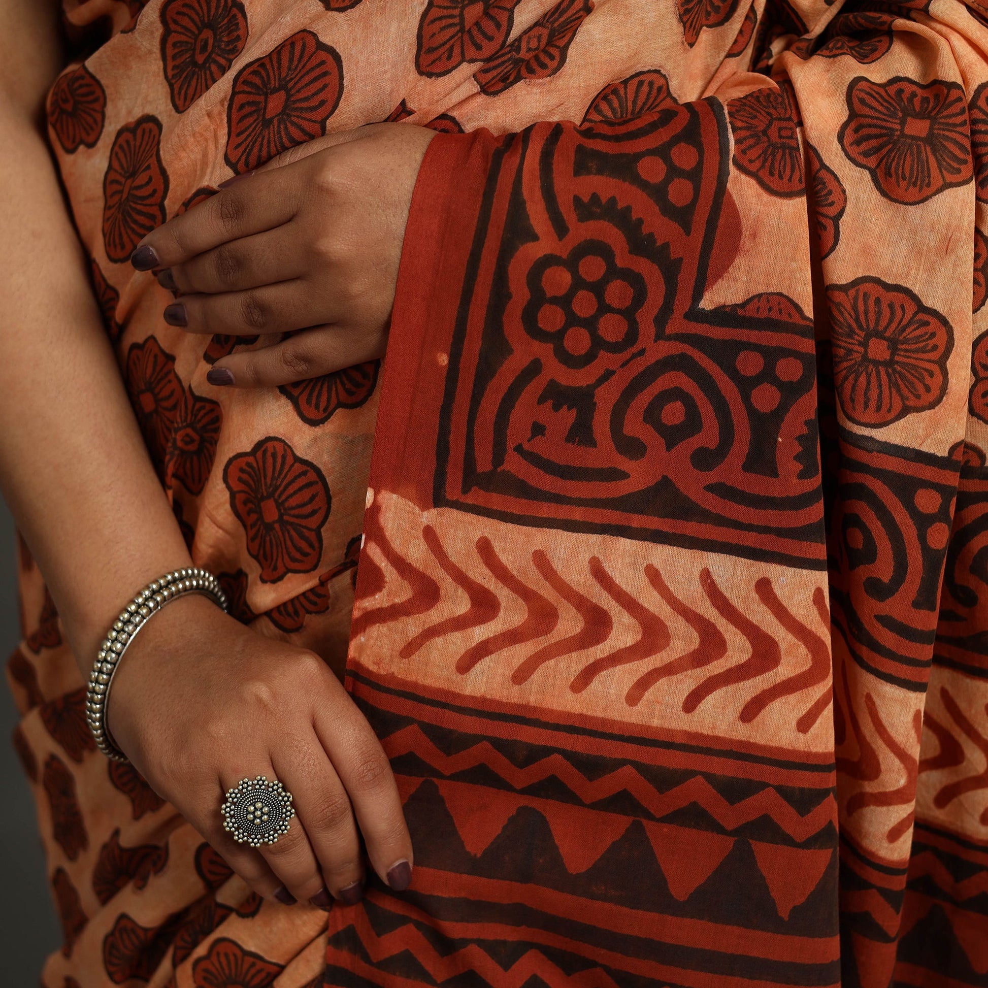 Brown - Bagru Ajrakh Block Printed Mul Cotton Saree