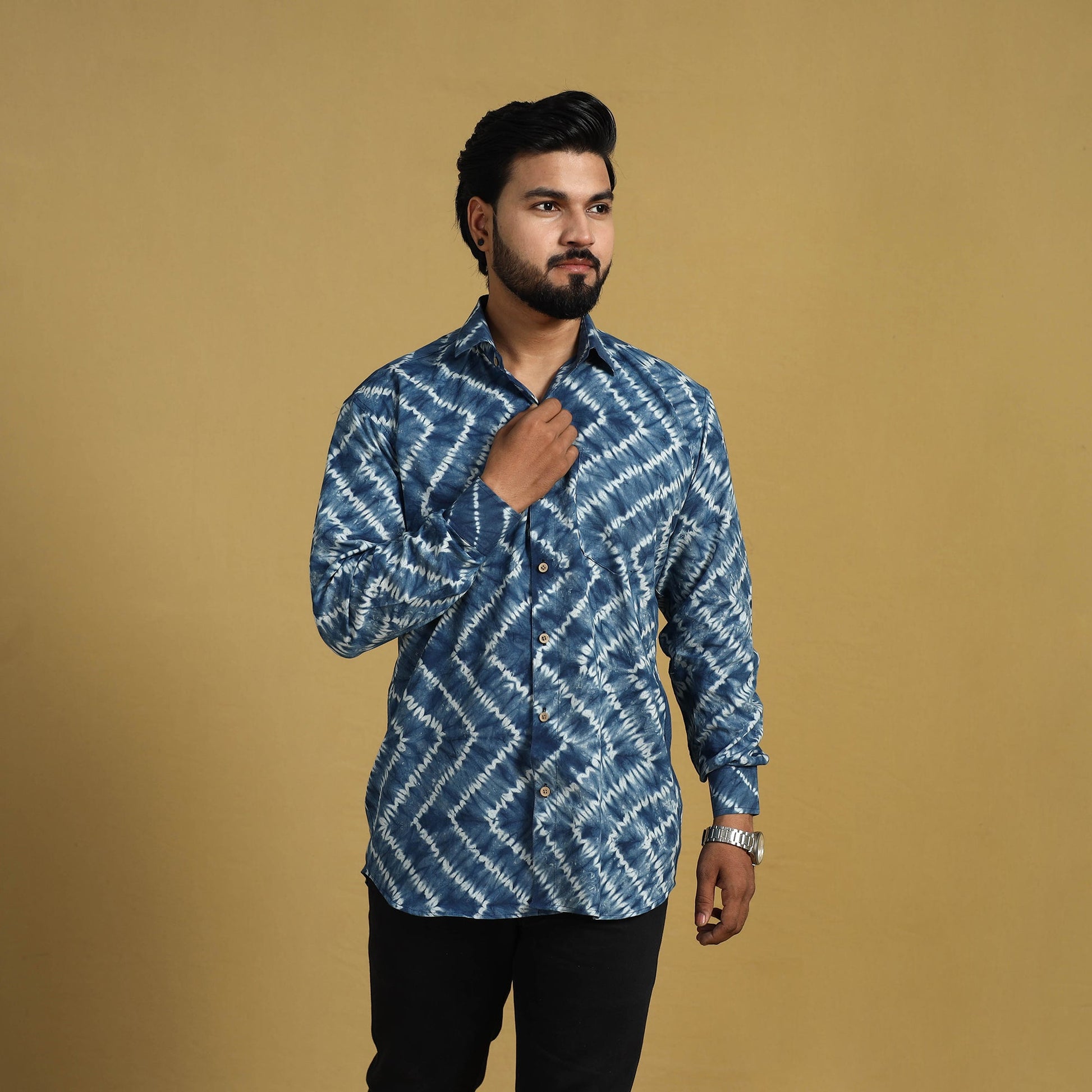 Blue - Full Sleeve Tie & Dye Cotton Men Shibori Shirt 01