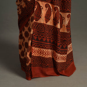 Brown - Bagru Ajrakh Block Printed Mul Cotton Saree
