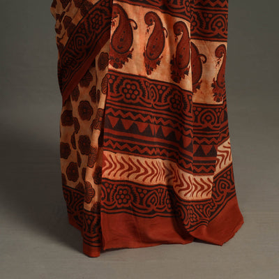 Brown - Bagru Ajrakh Block Printed Mul Cotton Saree
