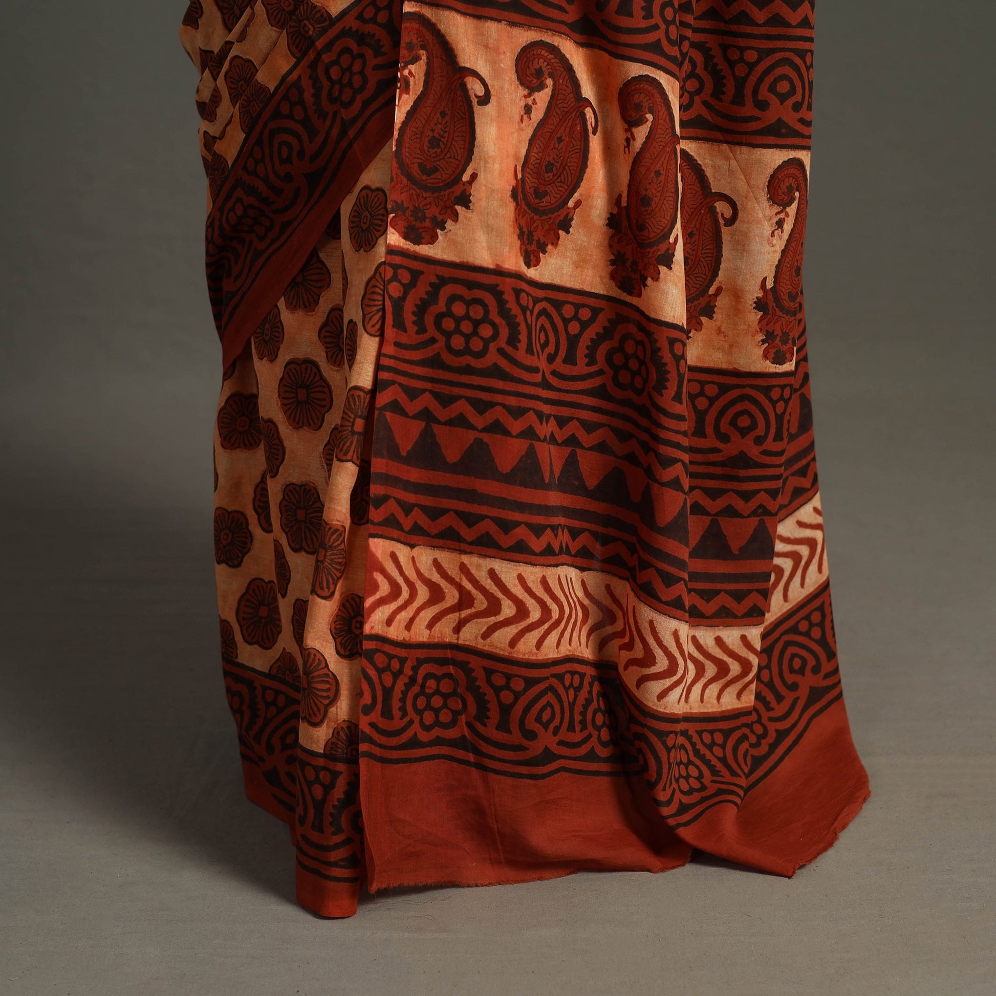 Brown - Bagru Ajrakh Block Printed Mul Cotton Saree