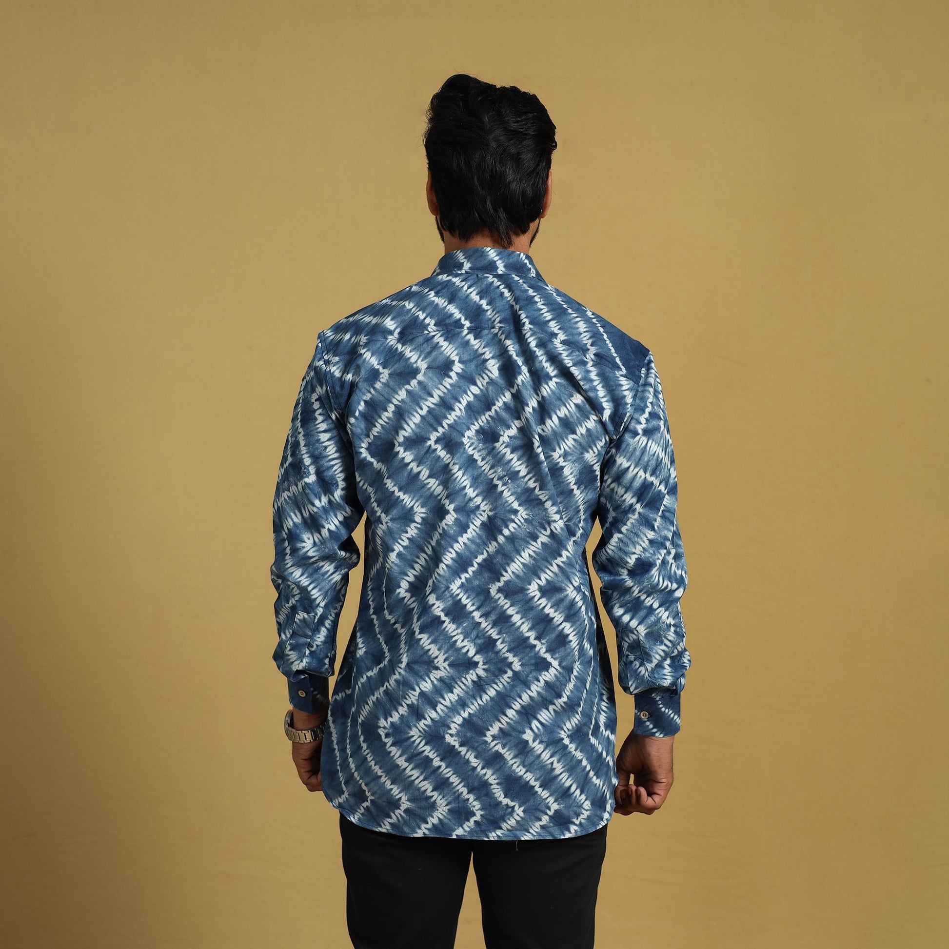 Blue - Full Sleeve Tie & Dye Cotton Men Shibori Shirt 01
