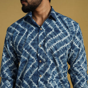 Blue - Full Sleeve Tie & Dye Cotton Men Shibori Shirt 01