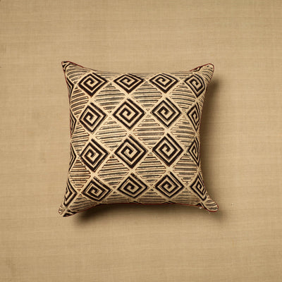 Beige - Block Print Cotton Kalamkari Cushion Cover (16 x 16 in) 19