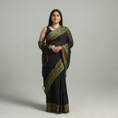 Black - Dharwad Cotton Saree with Zari Border