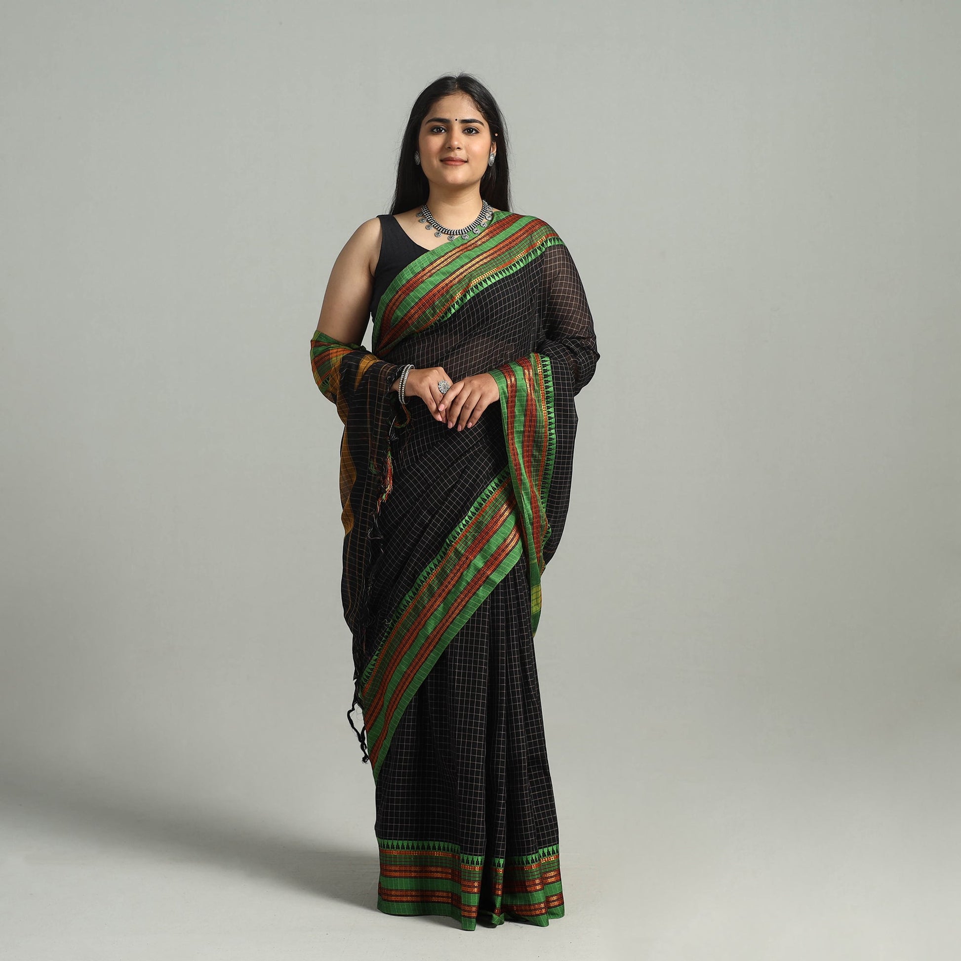 Black - Dharwad Cotton Saree with Zari Border