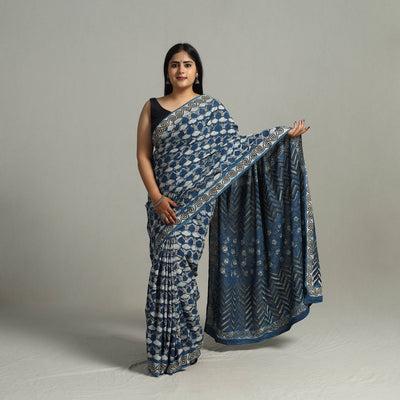 Blue - Bindaas Natural Dyed Art Block Printed Pure Cotton Saree