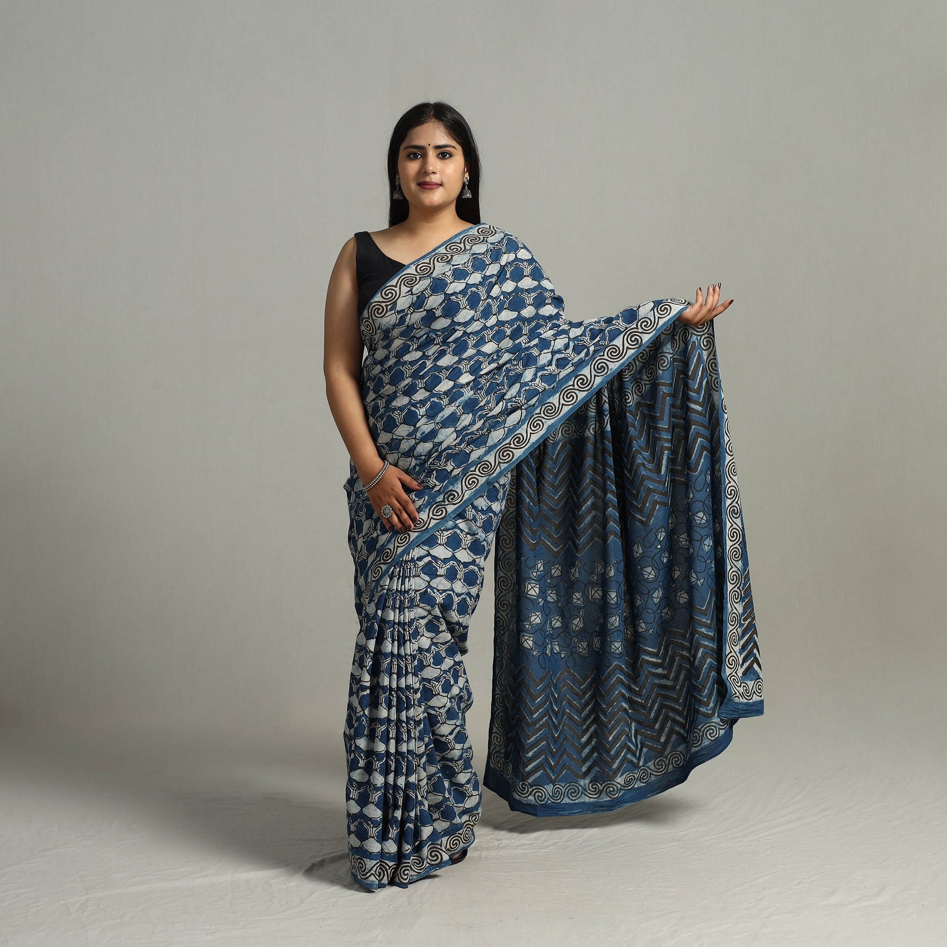 Blue - Bindaas Natural Dyed Art Block Printed Pure Cotton Saree