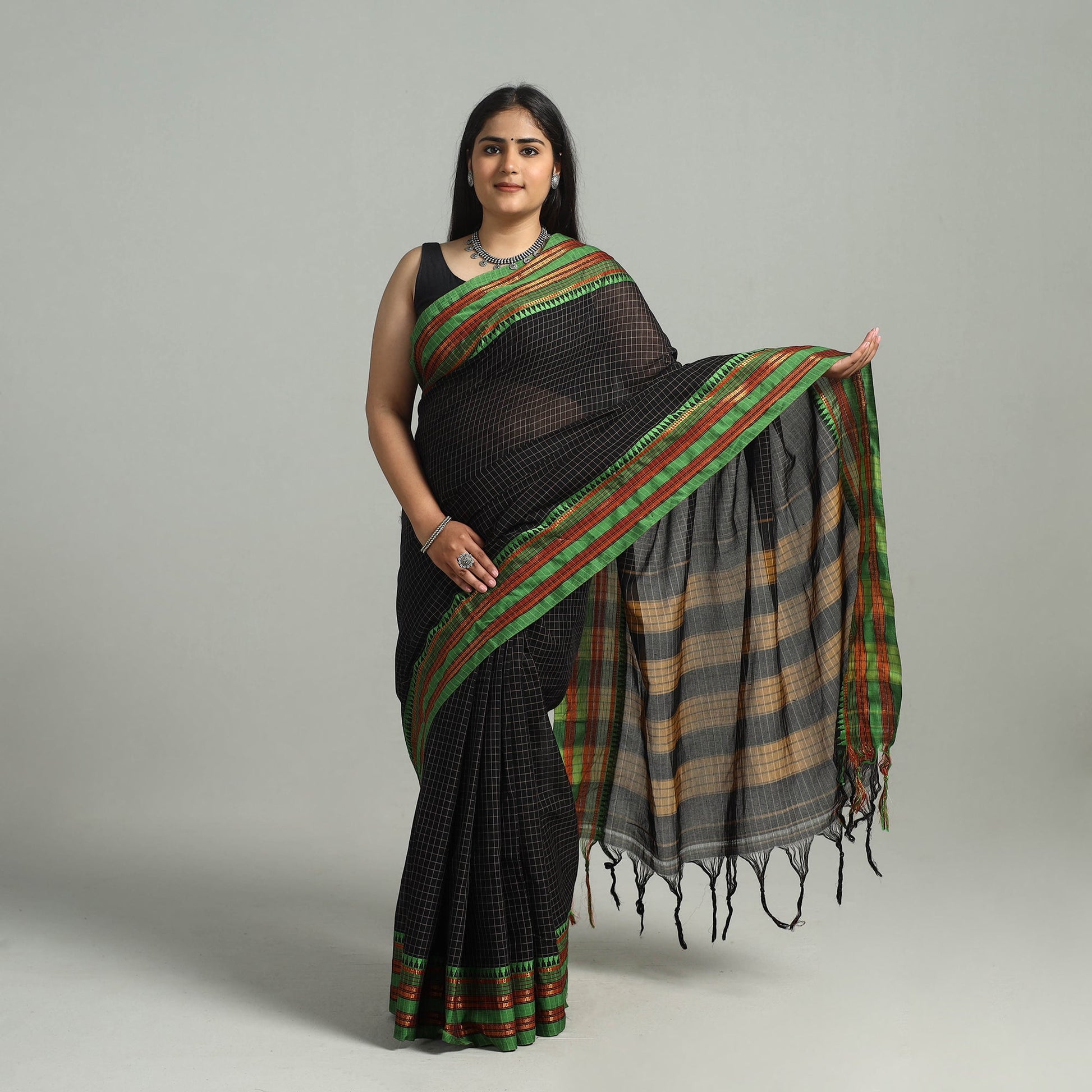 Black - Dharwad Cotton Saree with Zari Border