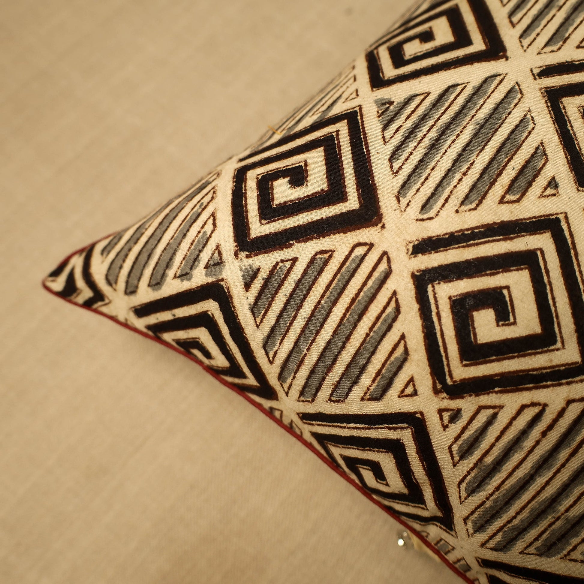 Beige - Block Print Cotton Kalamkari Cushion Cover (16 x 16 in) 19