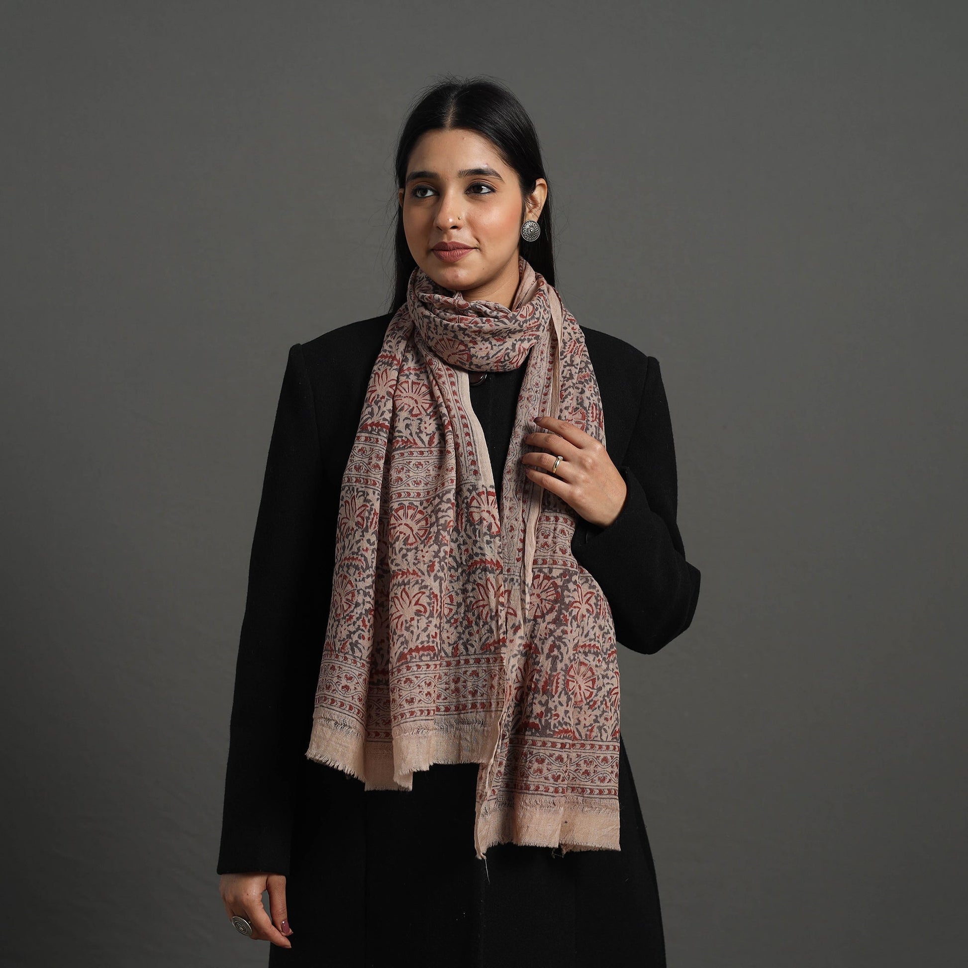 Brown - Block Print Pedana Kalamkari Wool Stole 26