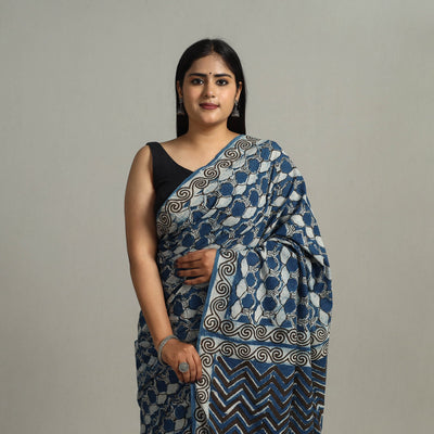 Blue - Bindaas Natural Dyed Art Block Printed Pure Cotton Saree