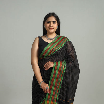 Black - Dharwad Cotton Saree with Zari Border