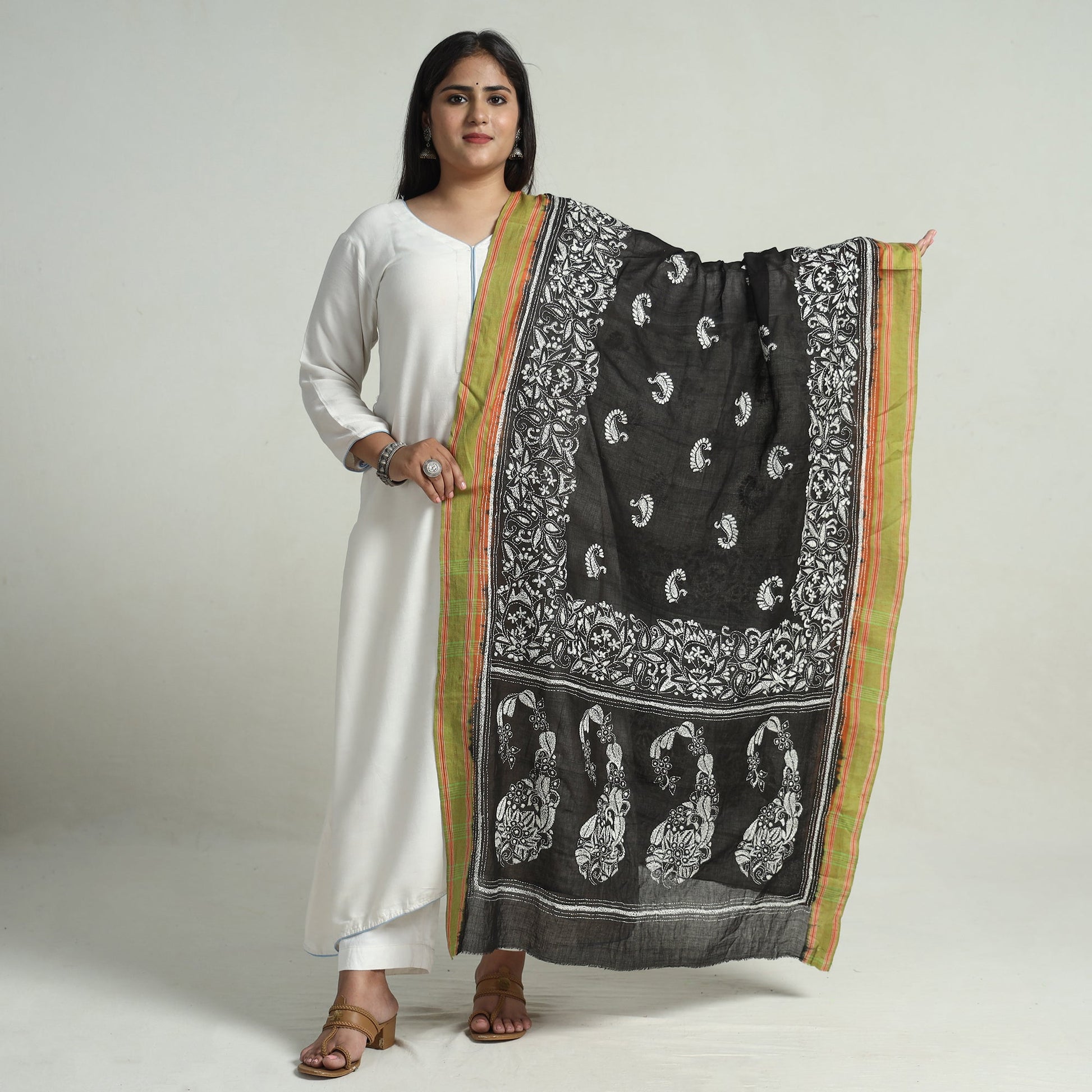 Black - Bengal Kantha Embroidery Cotton Handloom Dupatta 129