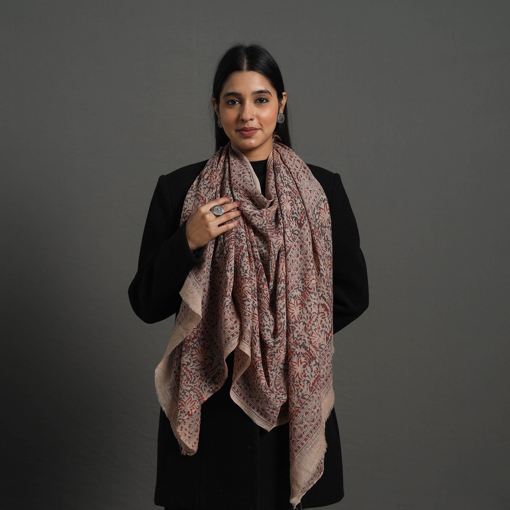 Brown - Block Print Pedana Kalamkari Wool Stole 26