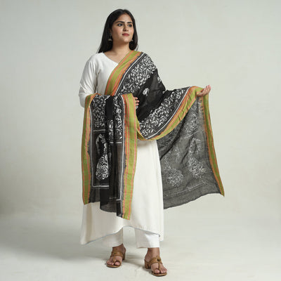 Black - Bengal Kantha Embroidery Cotton Handloom Dupatta 129