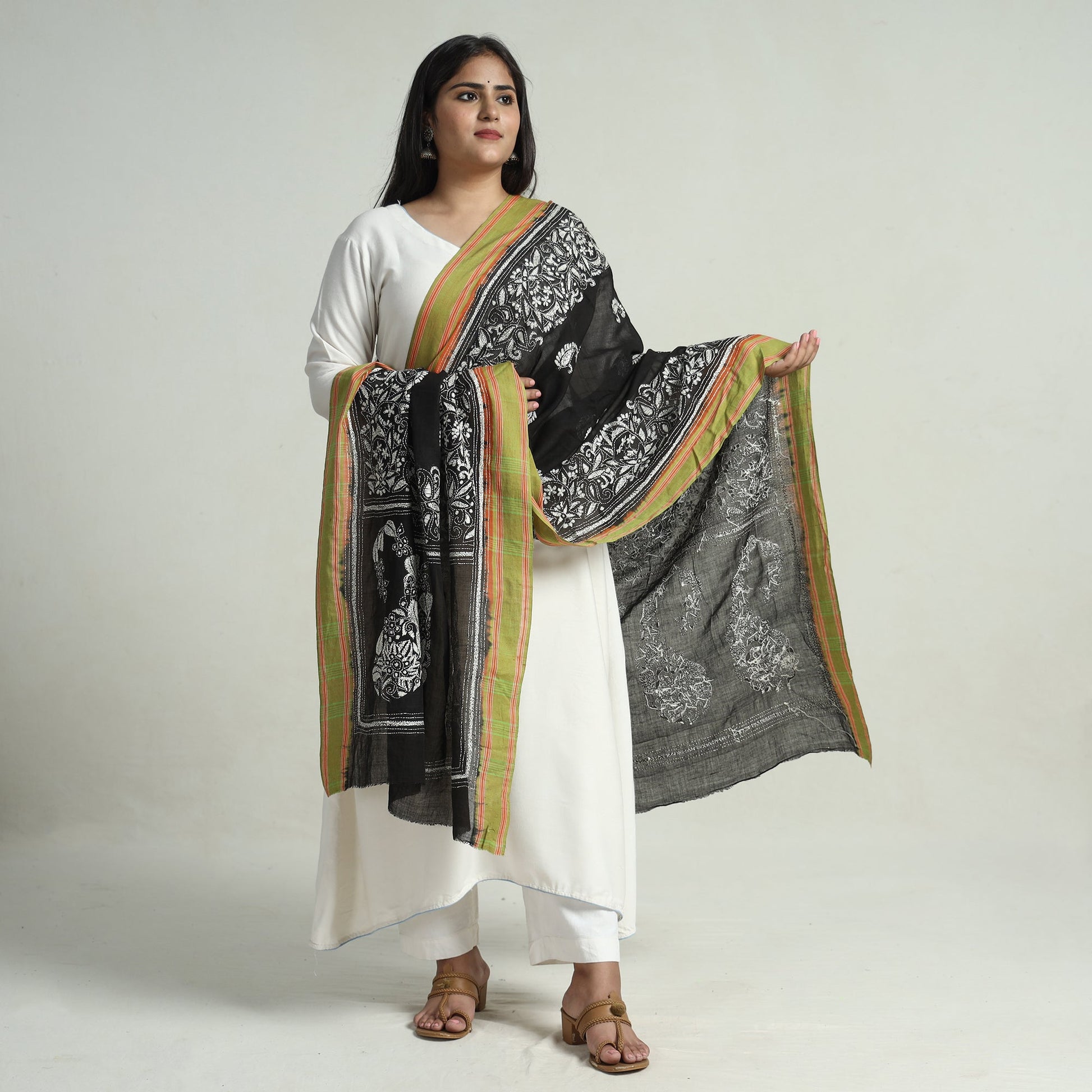 Black - Bengal Kantha Embroidery Cotton Handloom Dupatta 129