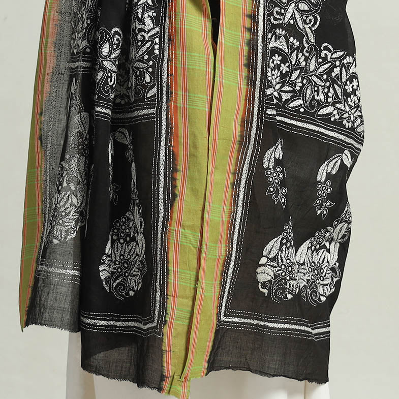 Black - Bengal Kantha Embroidery Cotton Handloom Dupatta 129