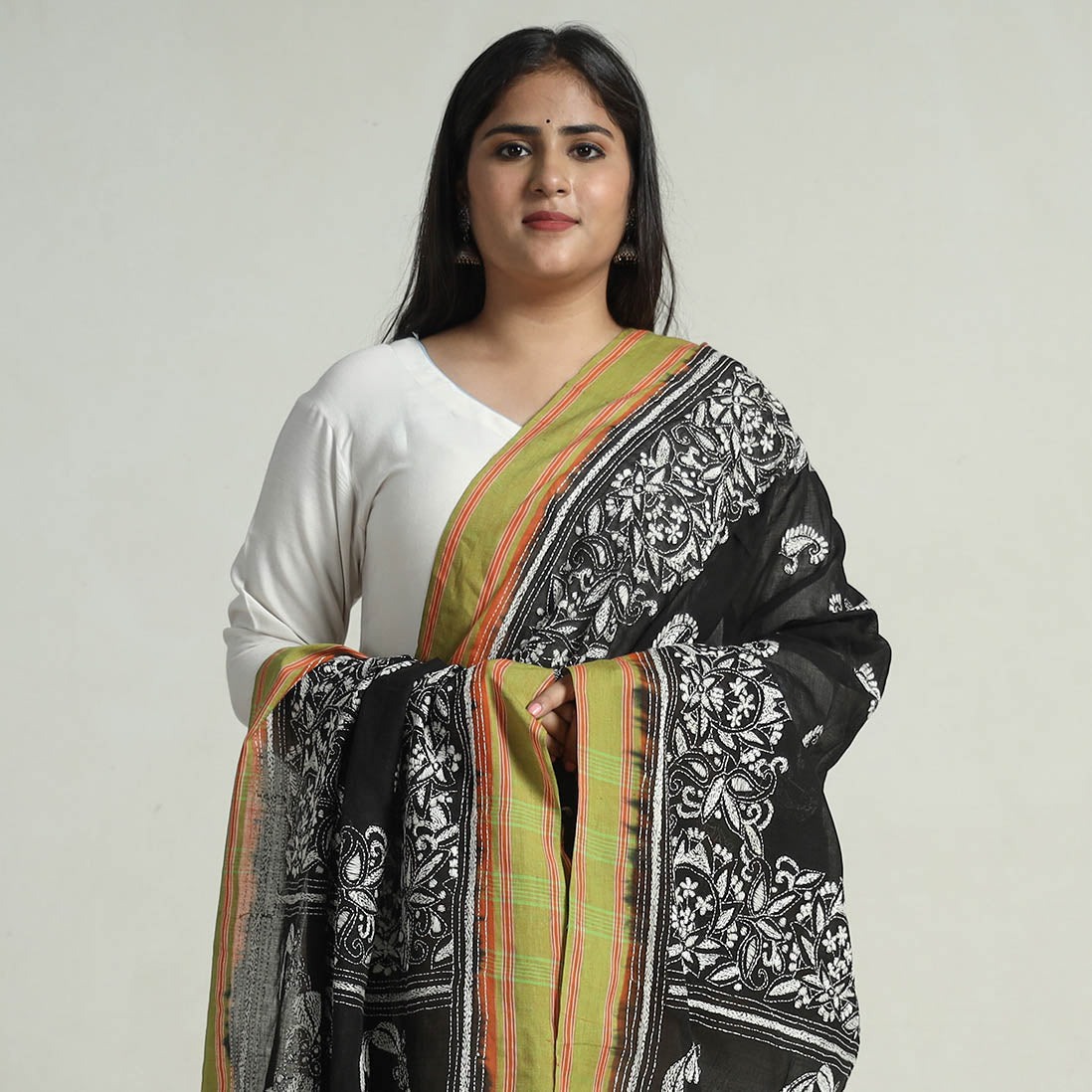Black - Bengal Kantha Embroidery Cotton Handloom Dupatta 129