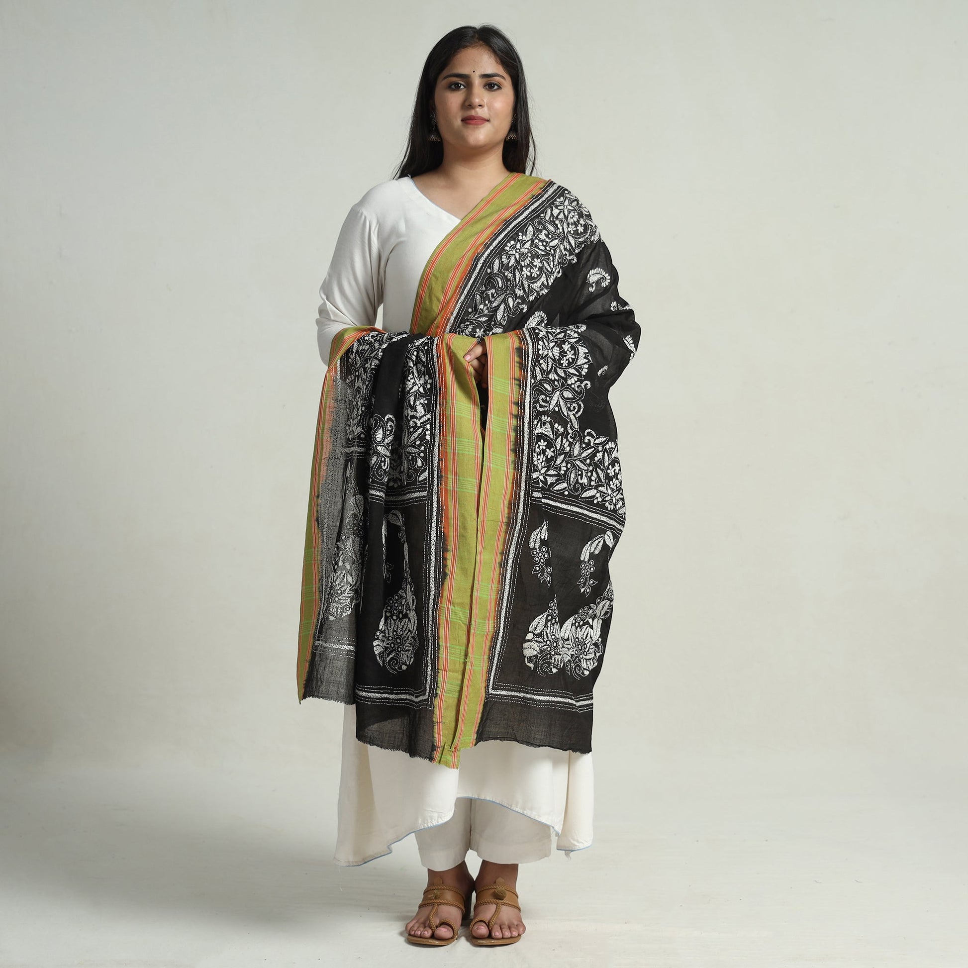Black - Bengal Kantha Embroidery Cotton Handloom Dupatta 129