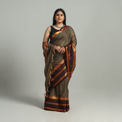 Brown - Dharwad Cotton Saree with Zari Border