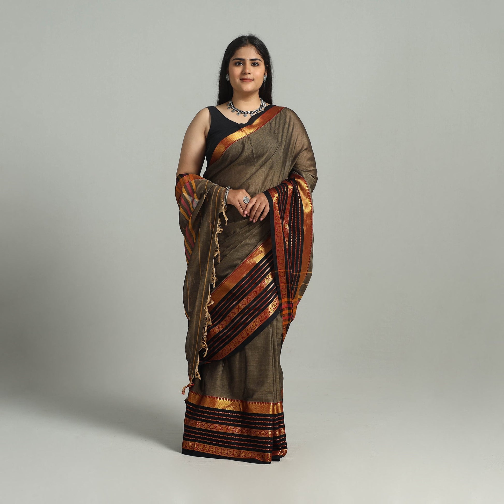 Brown - Dharwad Cotton Saree with Zari Border