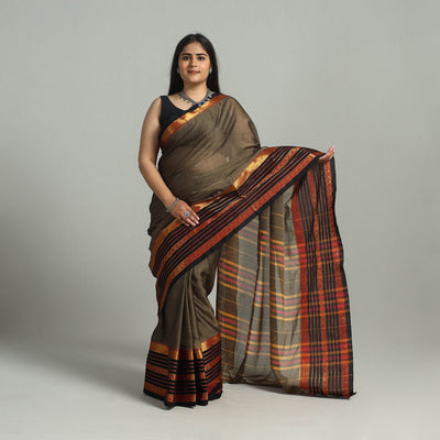 Brown - Dharwad Cotton Saree with Zari Border