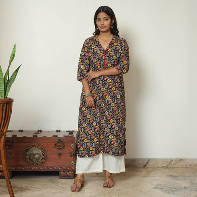 Black - Kalamkari Printed Cotton Straight Kurta 33