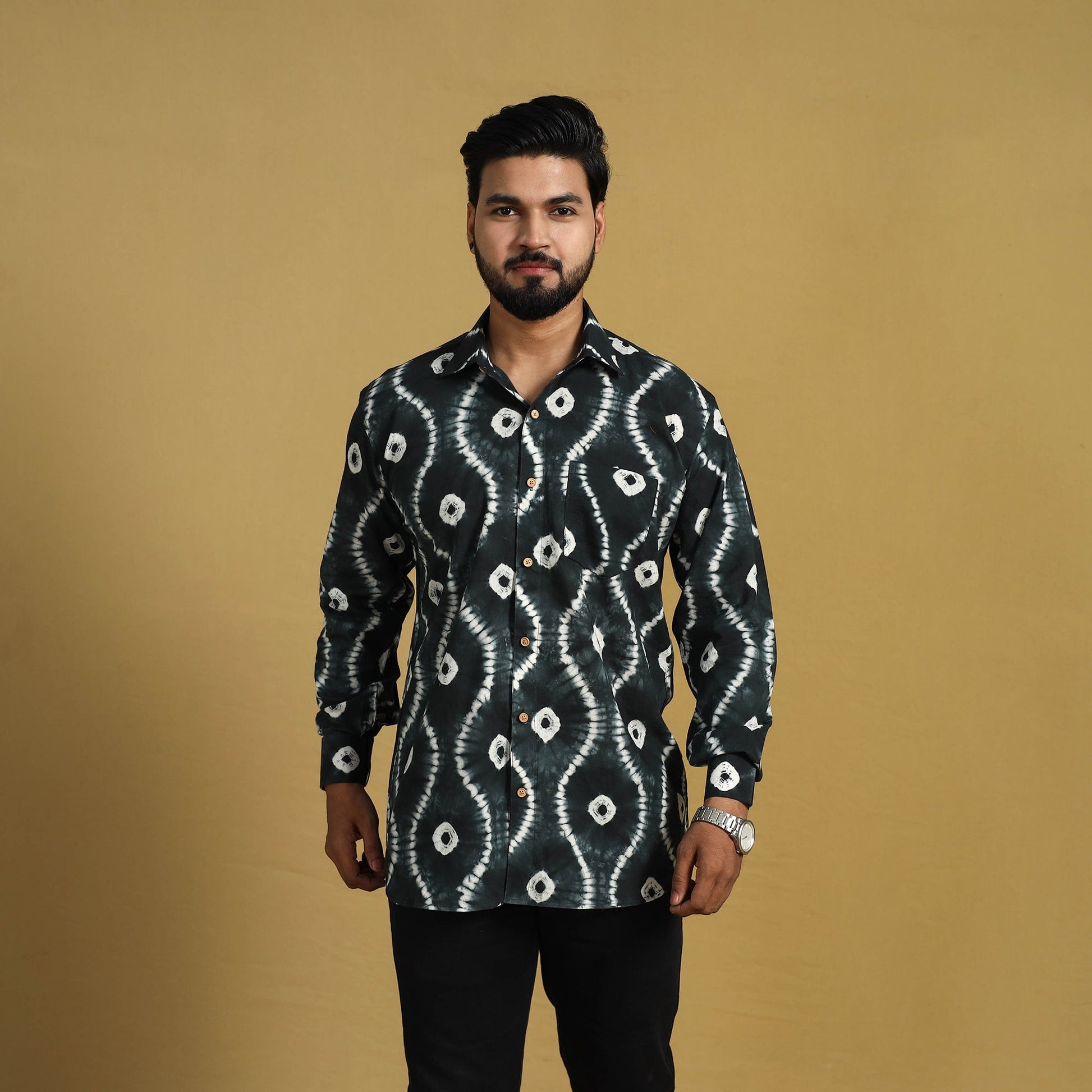Black - Full Sleeve Tie & Dye Cotton Men Shibori Shirt 02