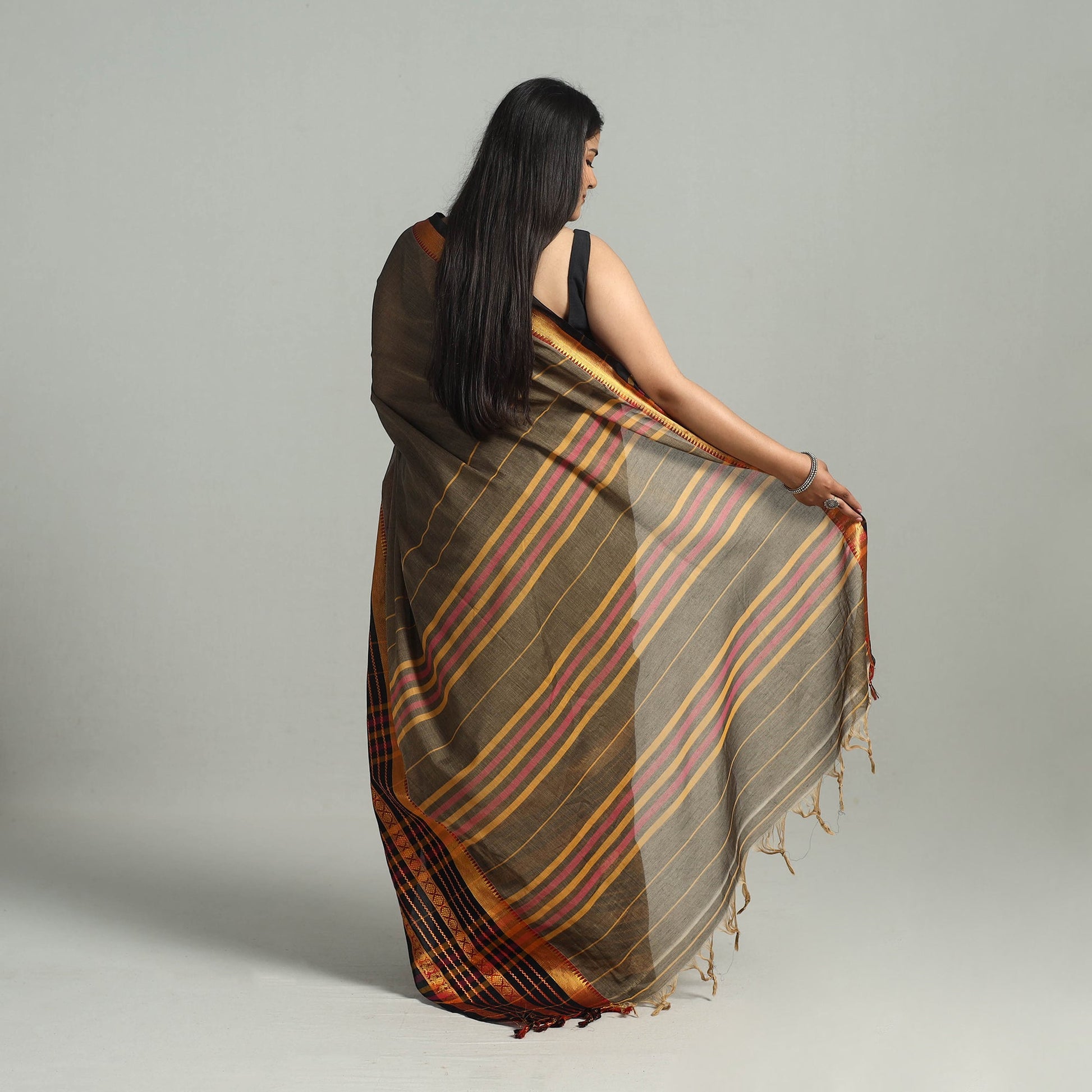 Brown - Dharwad Cotton Saree with Zari Border