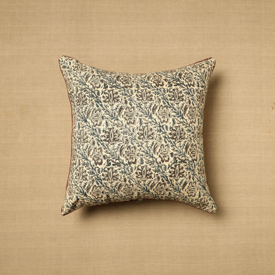 Beige - Block Print Cotton Kalamkari Cushion Cover (16 x 16 in) 22