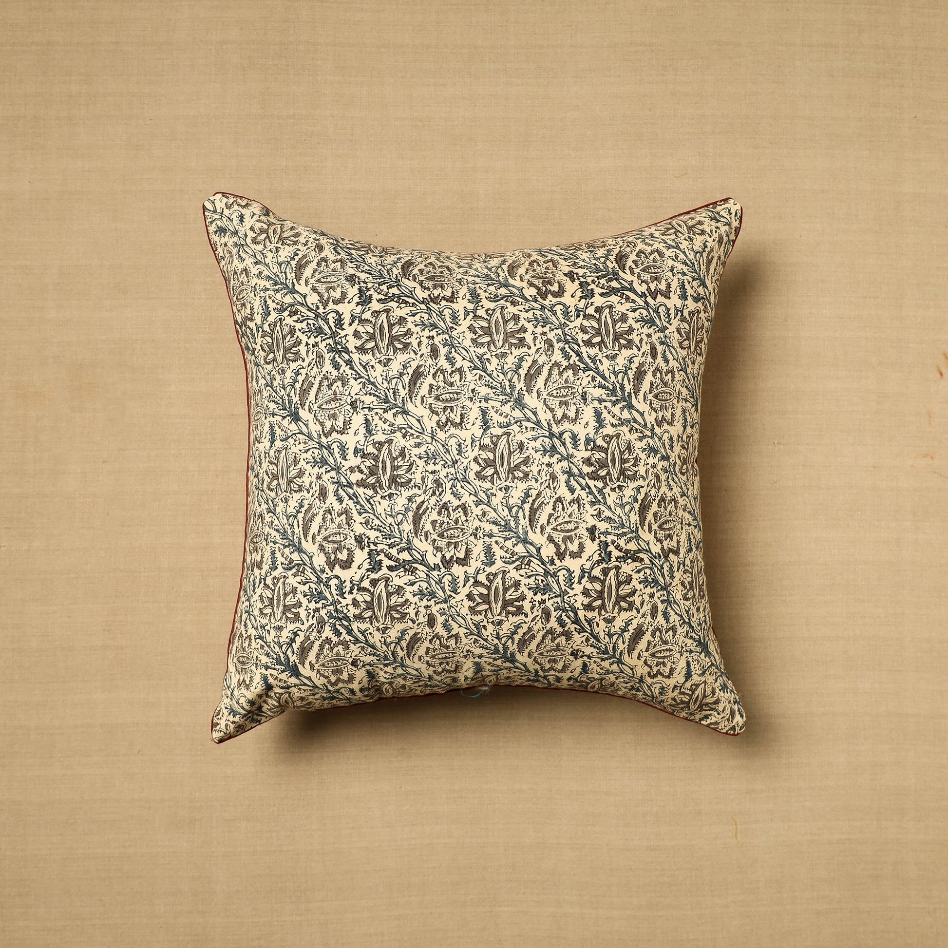 Beige - Block Print Cotton Kalamkari Cushion Cover (16 x 16 in) 22