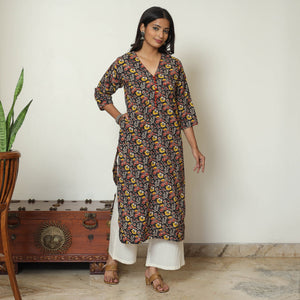 Black - Kalamkari Printed Cotton Straight Kurta 33