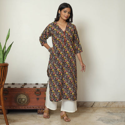 Black - Kalamkari Printed Cotton Straight Kurta 33