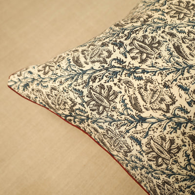 Beige - Block Print Cotton Kalamkari Cushion Cover (16 x 16 in) 22