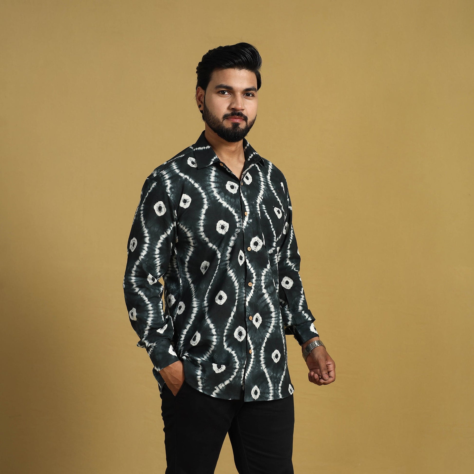 Black - Full Sleeve Tie & Dye Cotton Men Shibori Shirt 02