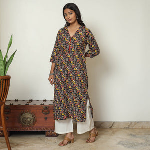 Black - Kalamkari Printed Cotton Straight Kurta 33